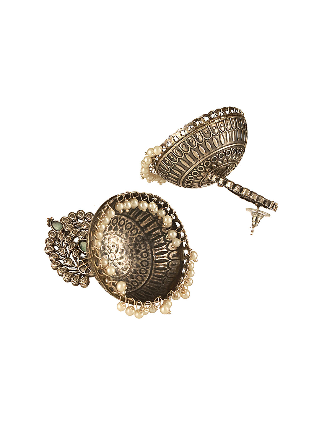 Silver Oxidised Pearl Beaded  Filigree Tribal Large Jhumka Earrings