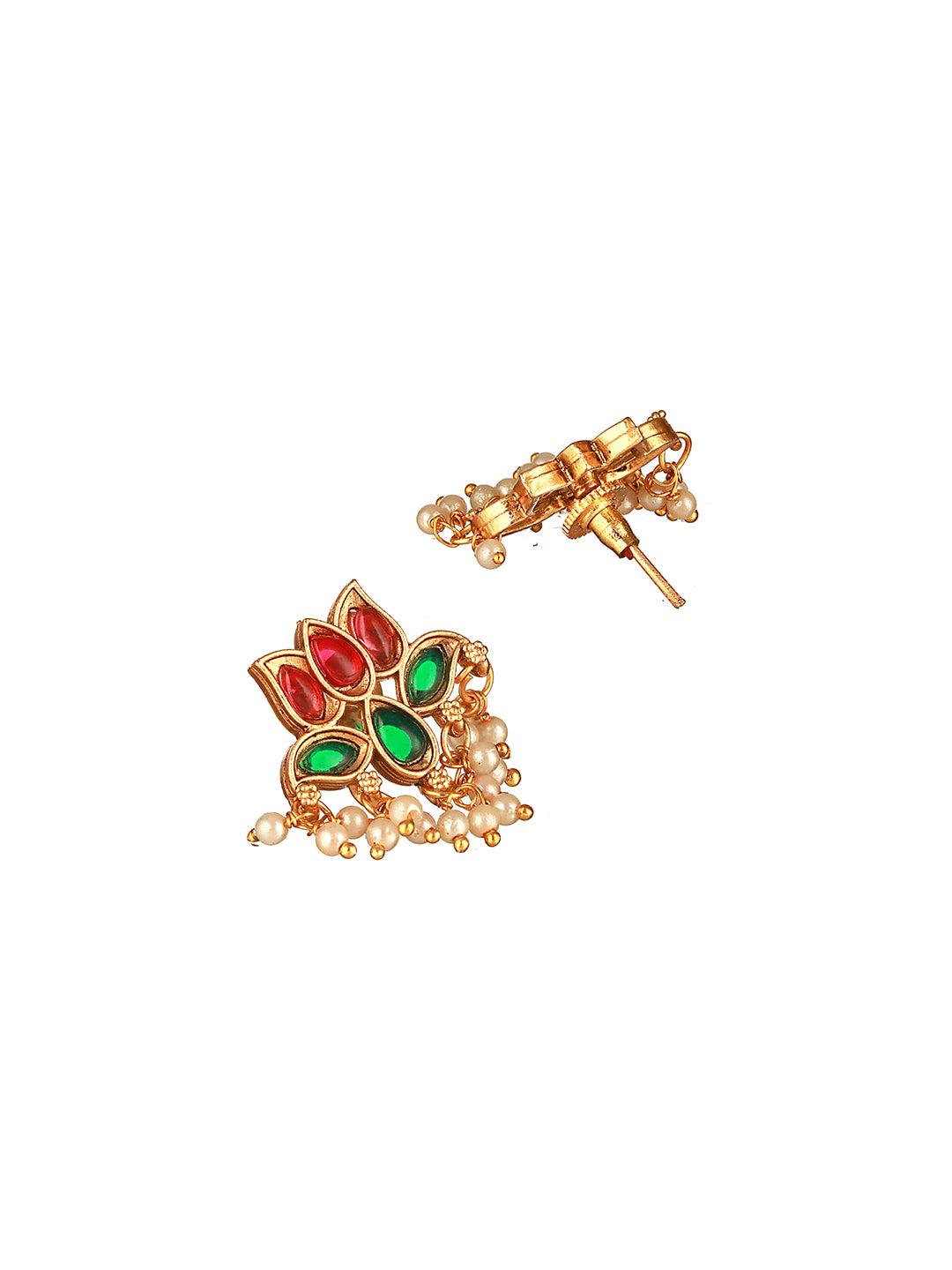 Gold Plated Red & Green Stone Studded Lotus Choker Jewellery Set