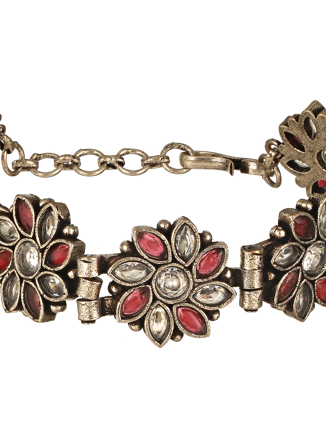 Silver Oxidised Toned Red Stone Studded Floral Tribal  Minimal  Adjustable Bracelet