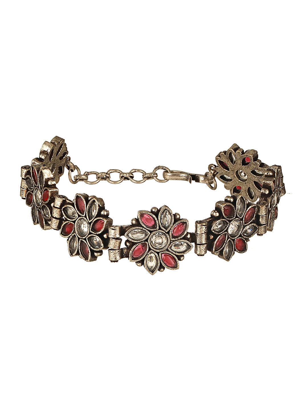 Silver Oxidised Toned Red Stone Studded Floral Tribal  Minimal  Adjustable Bracelet