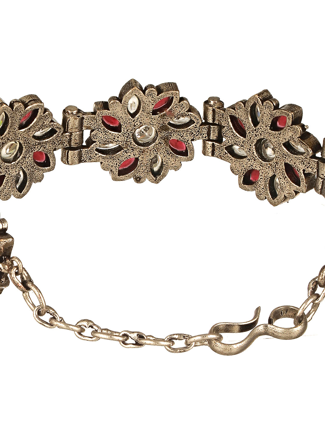 Silver Oxidised Toned Red Stone Studded Floral Tribal  Minimal  Adjustable Bracelet