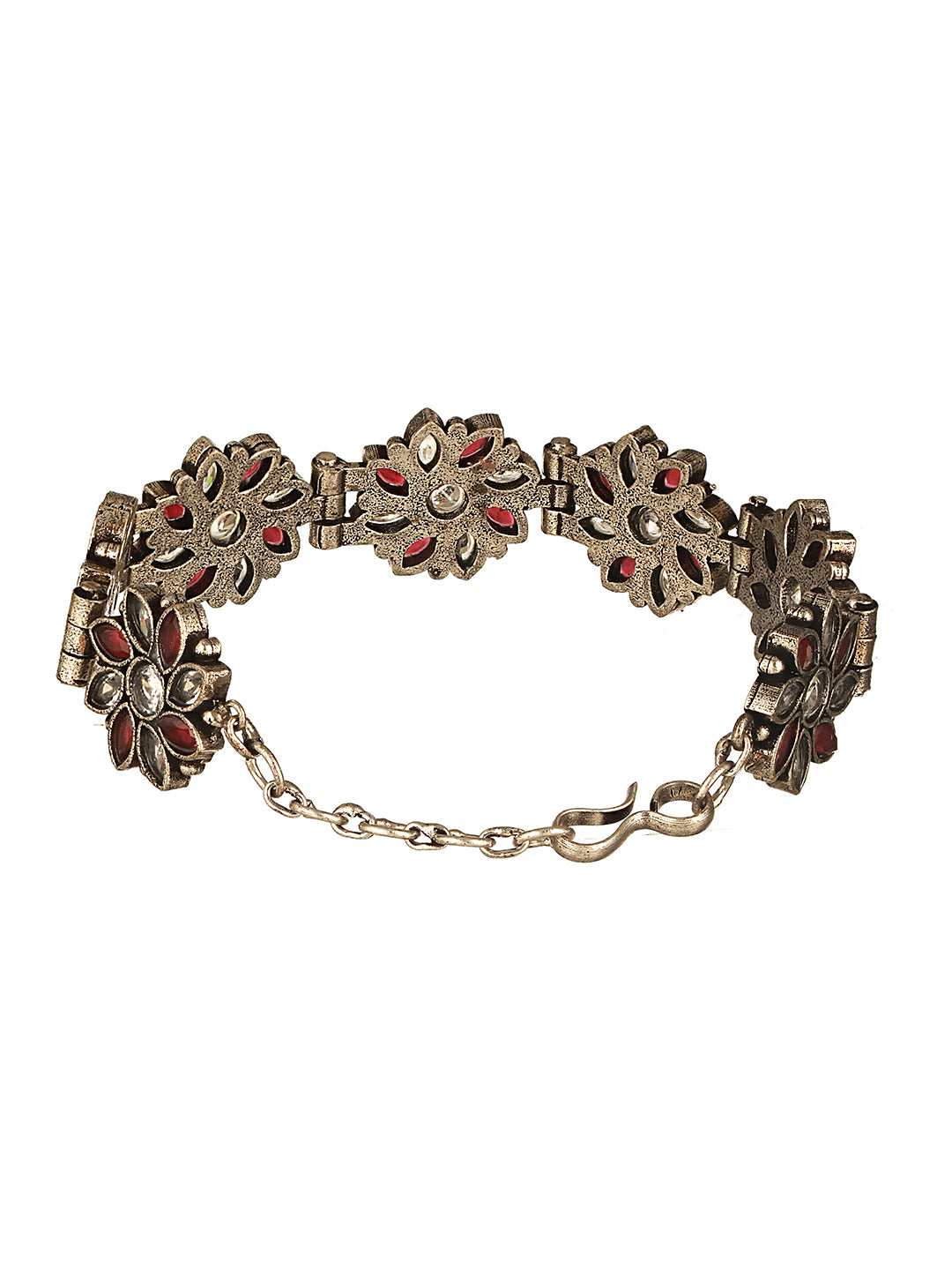 Silver Oxidised Toned Red Stone Studded Floral Tribal  Minimal  Adjustable Bracelet