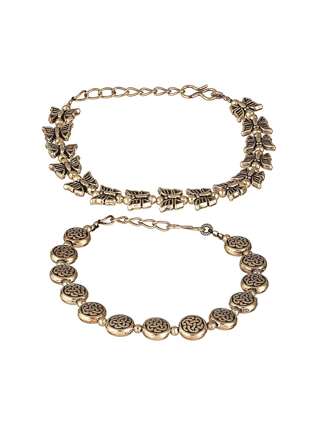 Silver Oxidised Toned Combo Floral & Butterfly Motif Minimal Dailywear Stackable Bracelet