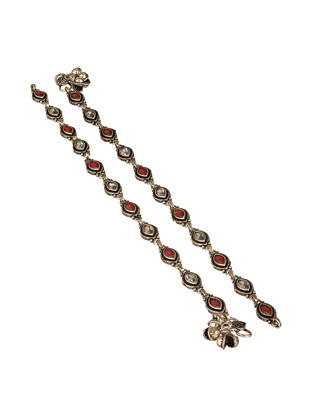 Set of 2 Silver Oxidised Red Ruby Studded Minimal Dailywear Anklet Payal