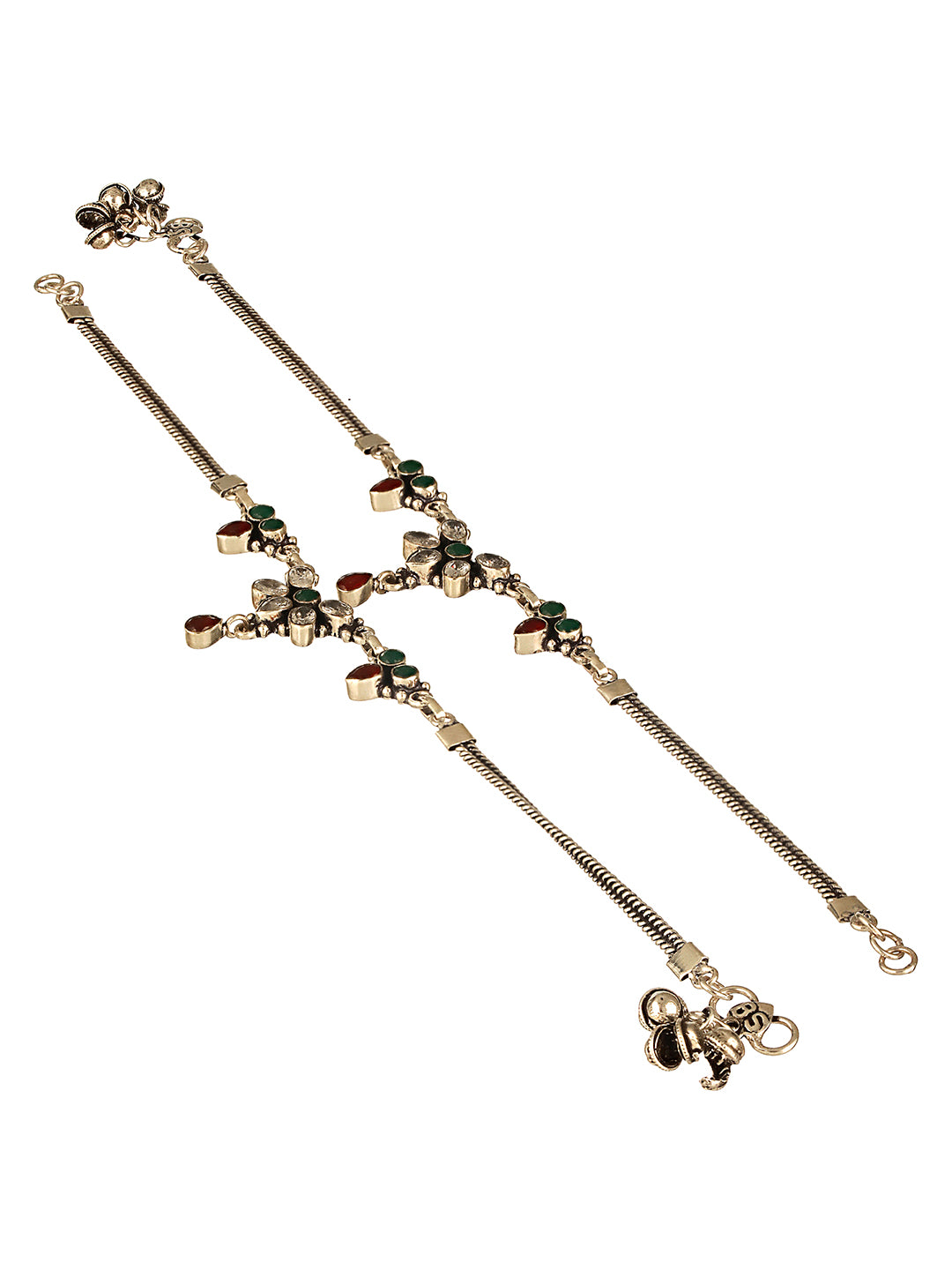 Oxidised Silver lookalike Red Stone Studded Bridal Floral Anklet Payal