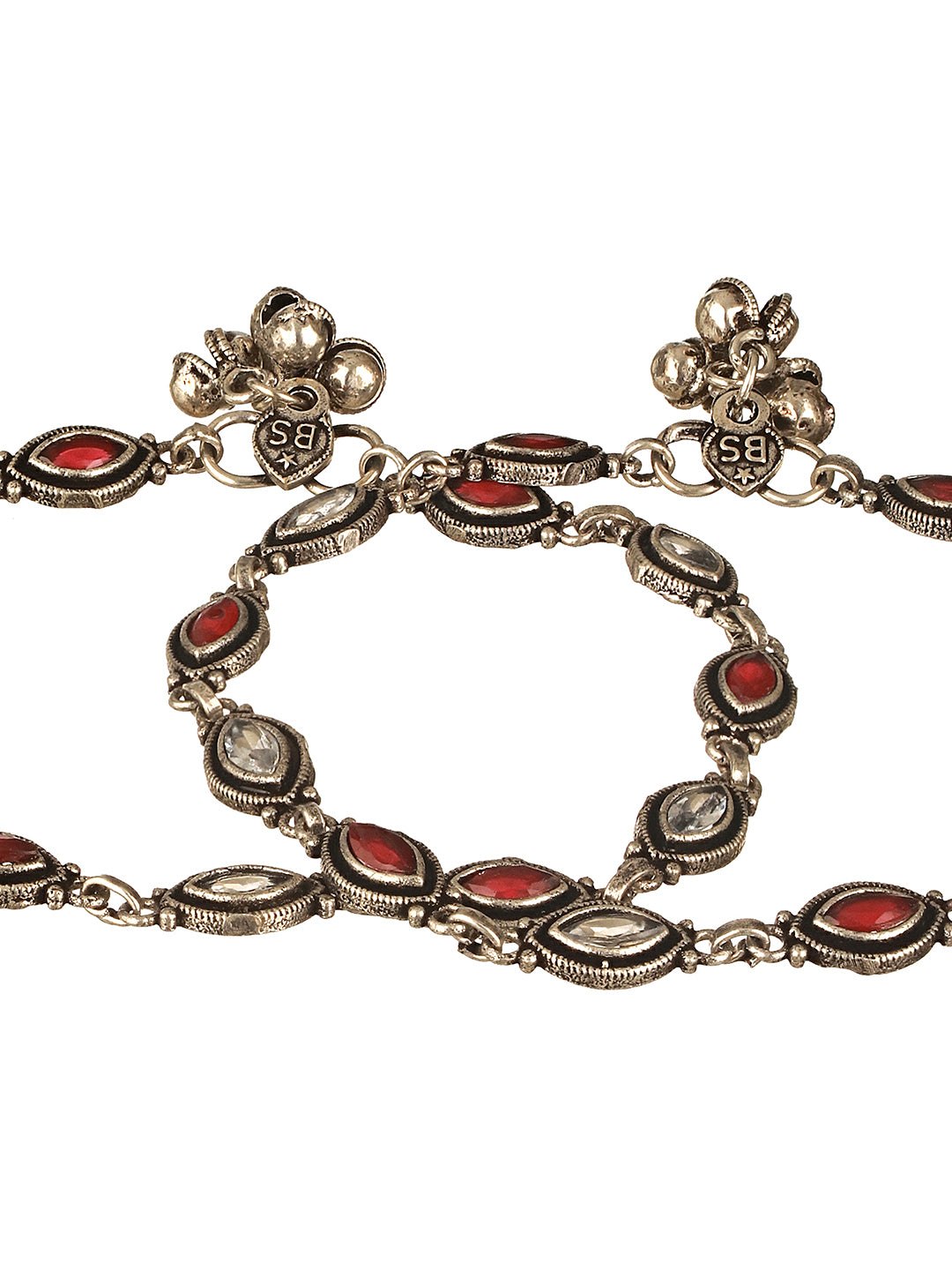 Set of 2 Silver Oxidised Red Ruby Studded Minimal Dailywear Anklet Payal
