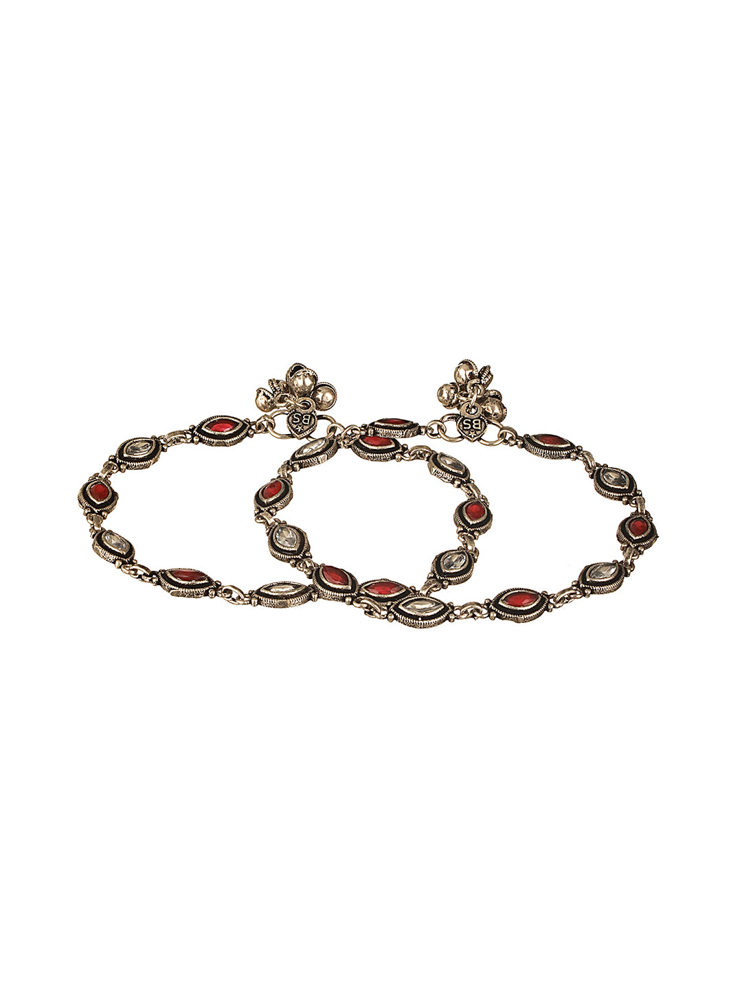 Set of 2 Silver Oxidised Red Ruby Studded Minimal Dailywear Anklet Payal