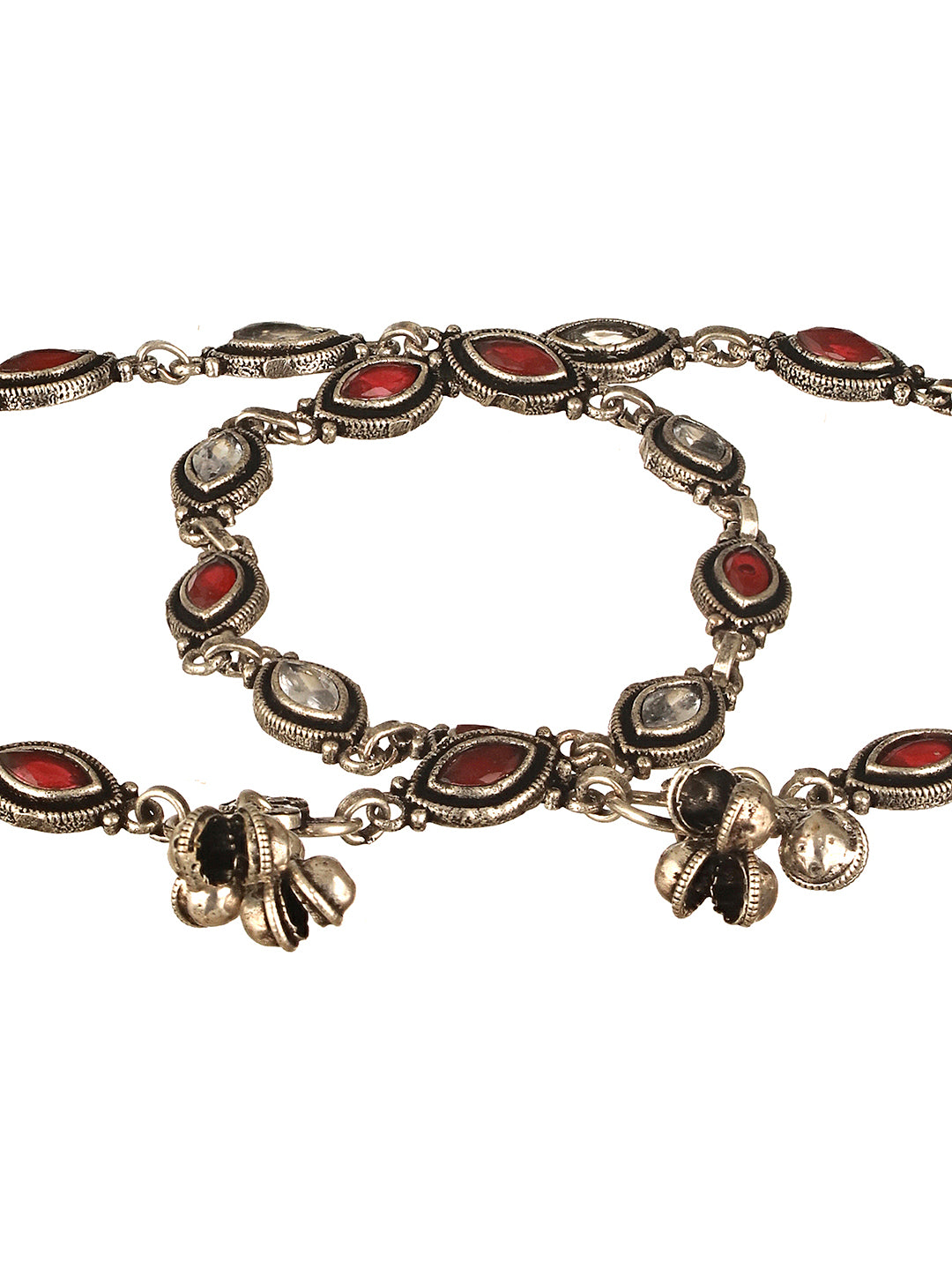 Set of 2 Silver Oxidised Red Ruby Studded Minimal Dailywear Anklet Payal