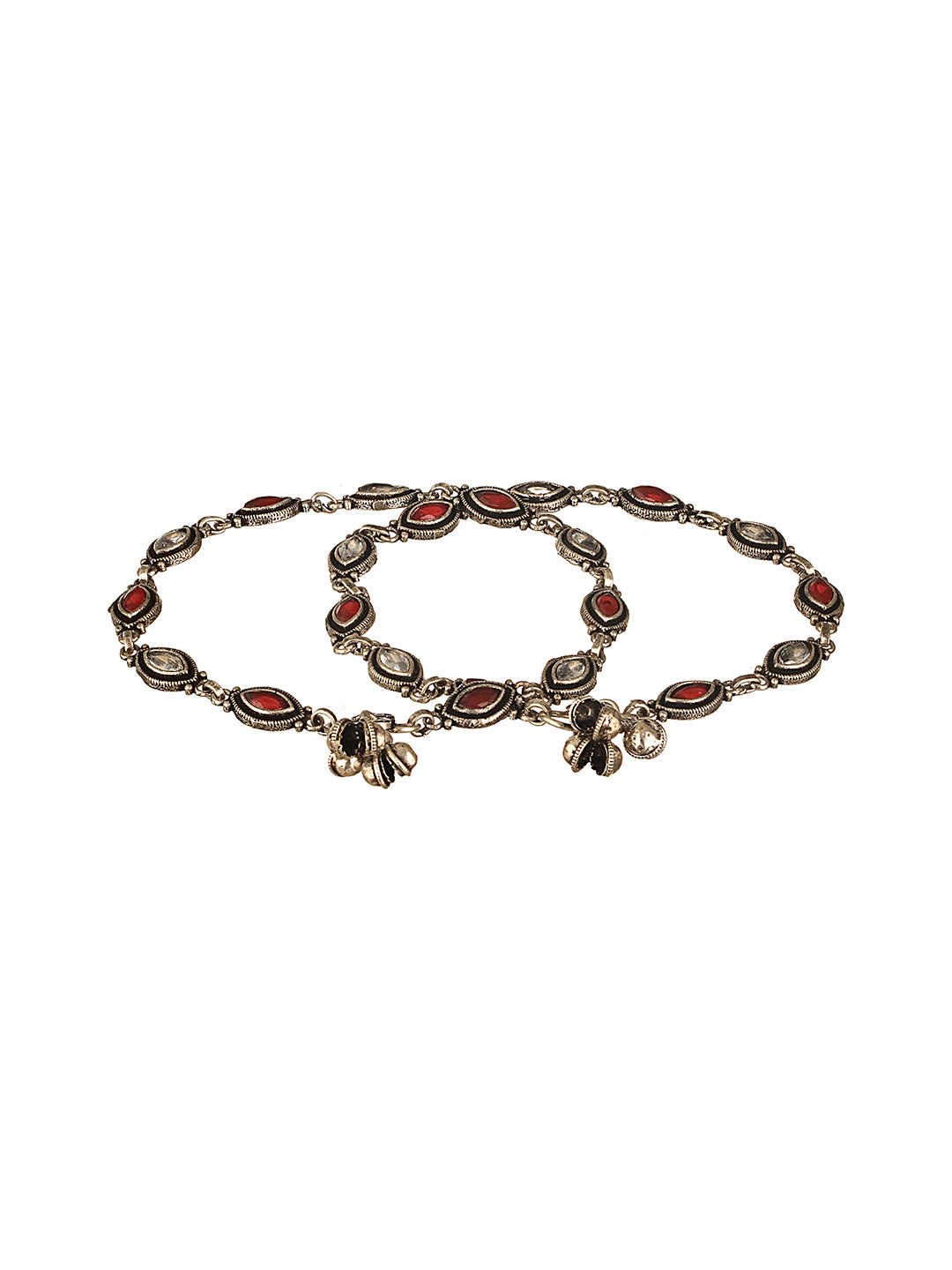 Set of 2 Silver Oxidised Red Ruby Studded Minimal Dailywear Anklet Payal