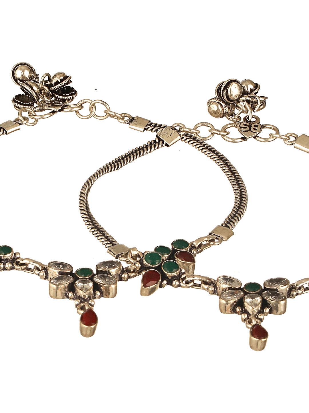 Oxidised Silver lookalike Red Stone Studded Bridal Floral Anklet Payal