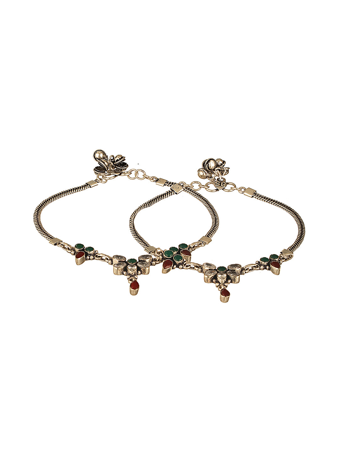 Oxidised Silver lookalike Red Stone Studded Bridal Floral Anklet Payal