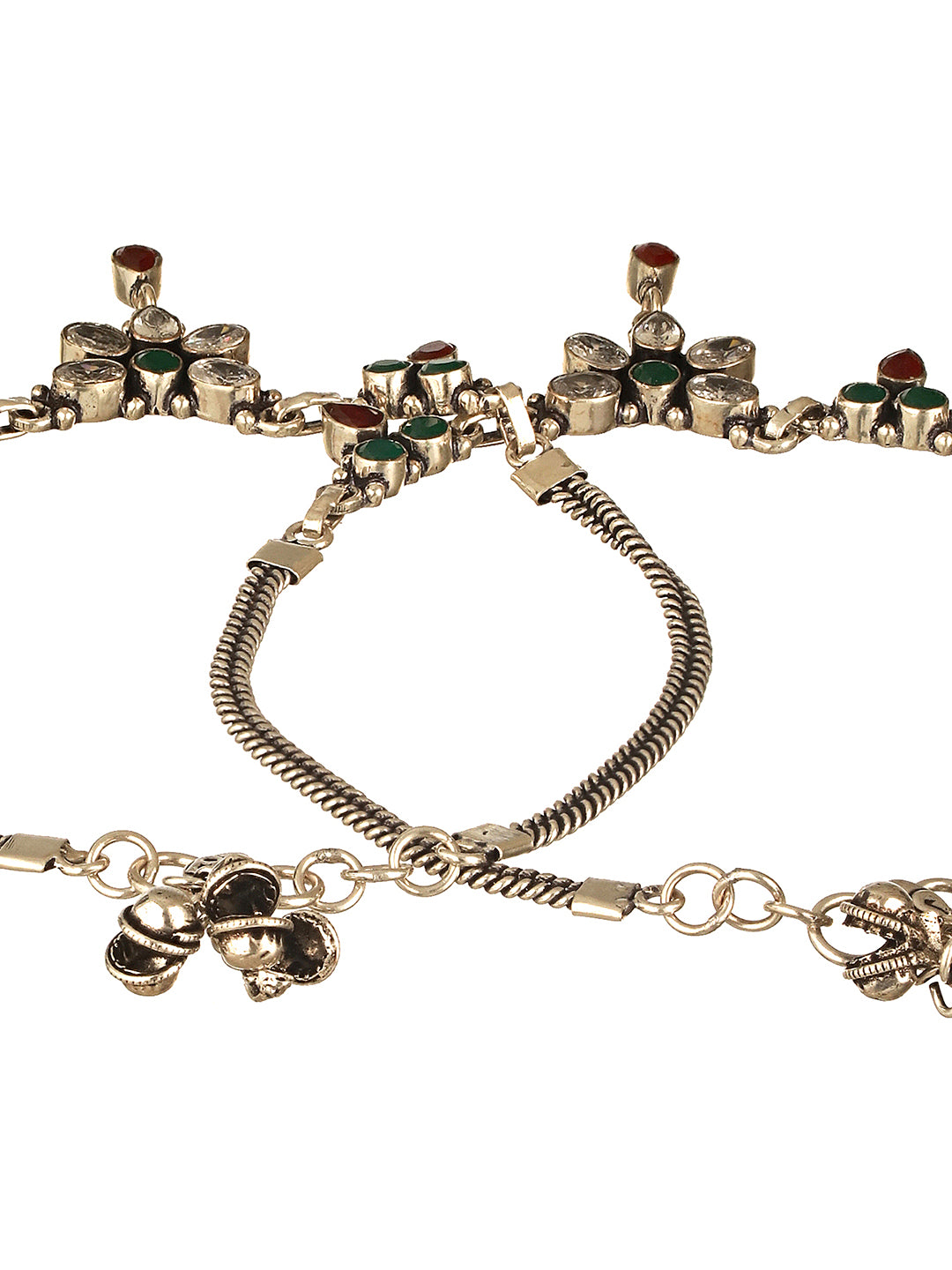 Oxidised Silver lookalike Red Stone Studded Bridal Floral Anklet Payal