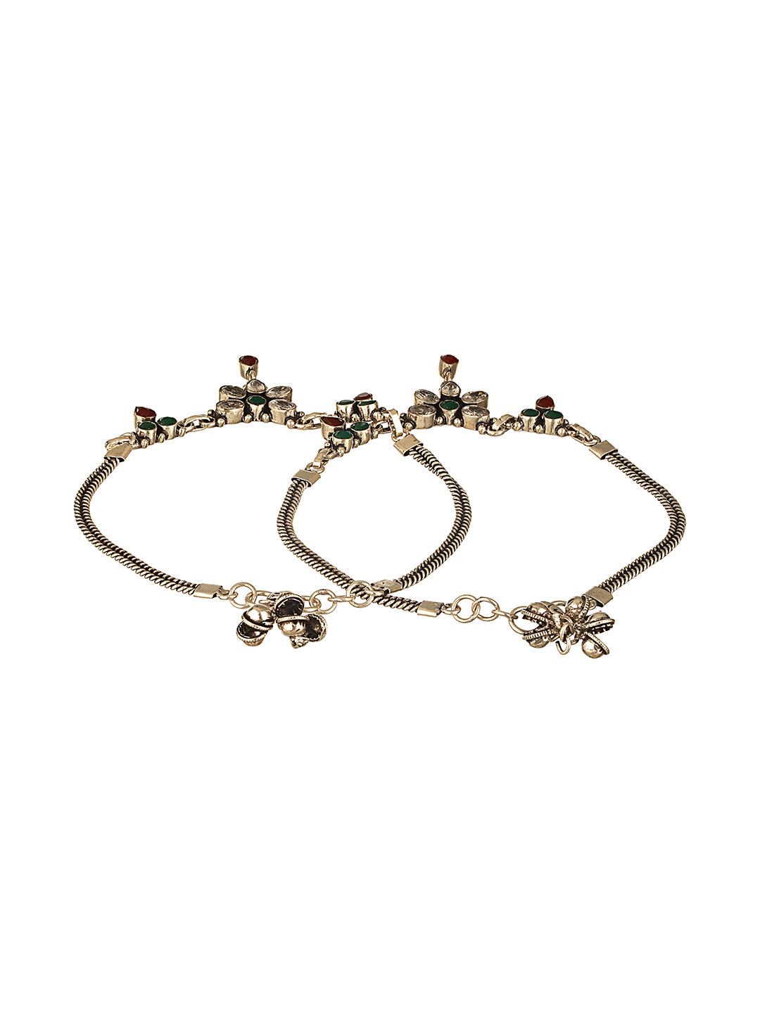Oxidised Silver lookalike Red Stone Studded Bridal Floral Anklet Payal