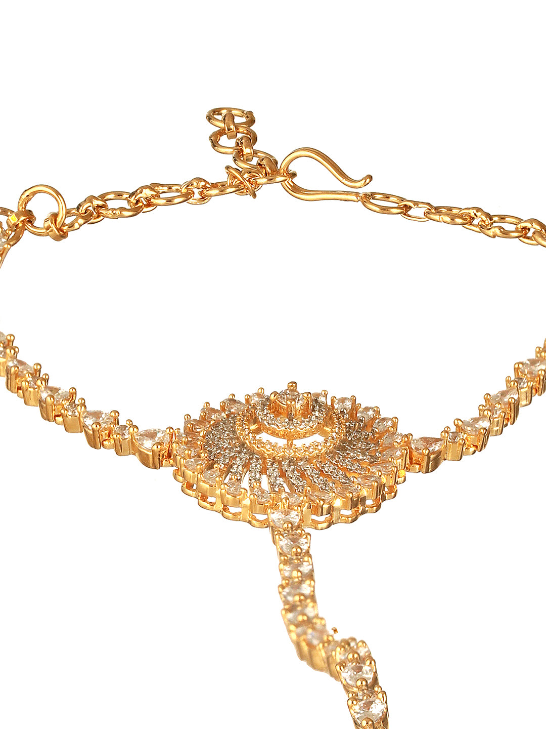 Gold Toned CZ Zircon Studded Designer Bridal Ring Bracelet Hathphool