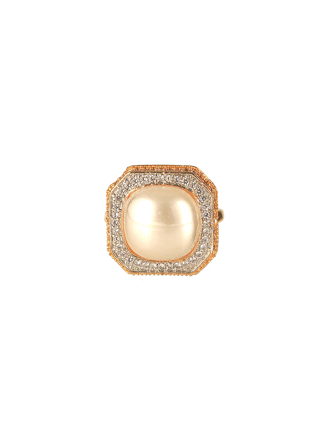 Gold Toned Off White Pearl Studded Engagement Luxe  Square Adjustable Finger Rings