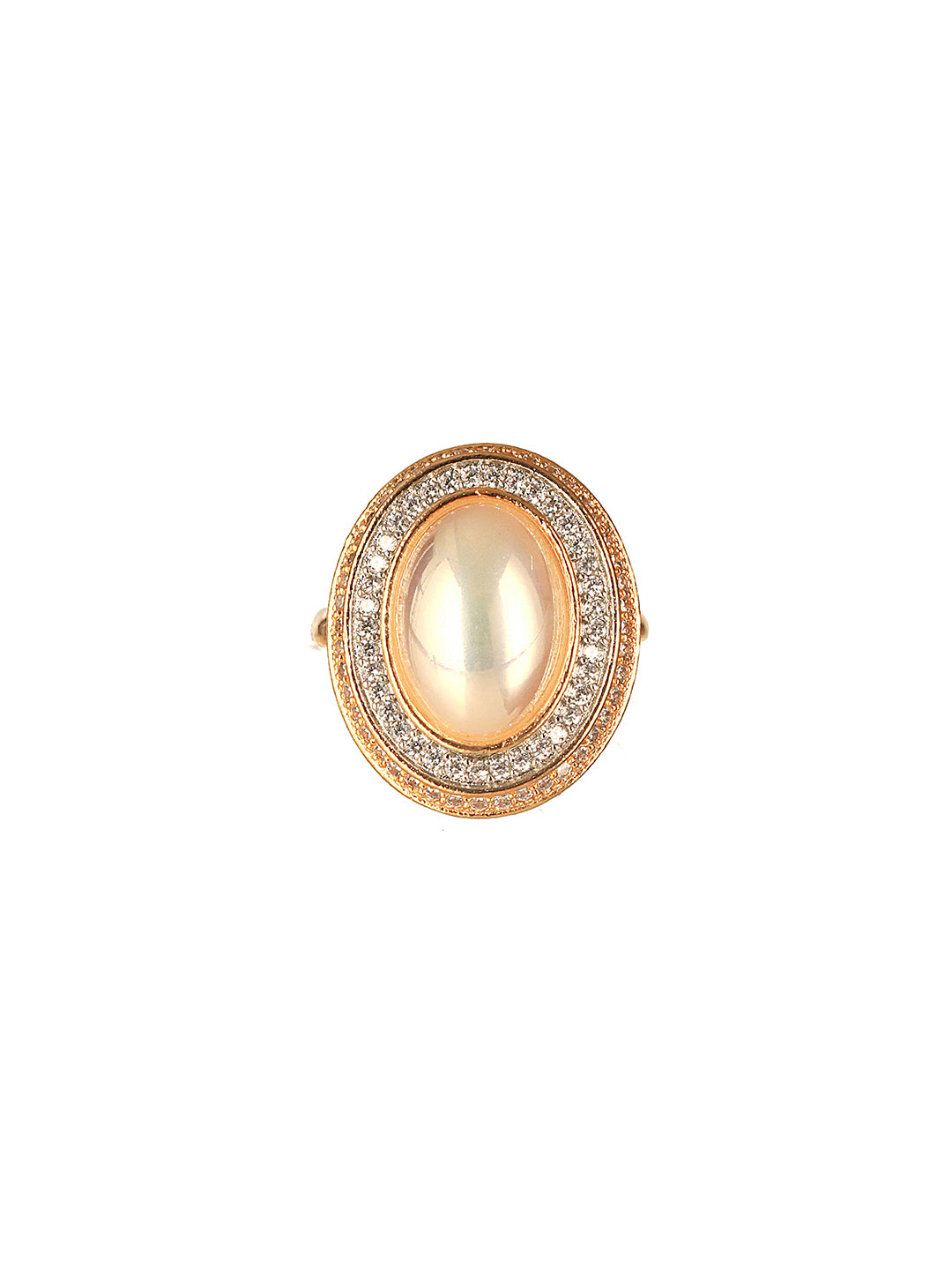 Gold Toned Off White Pearl Studded Engagement Designer Oval Adjustable Finger Rings