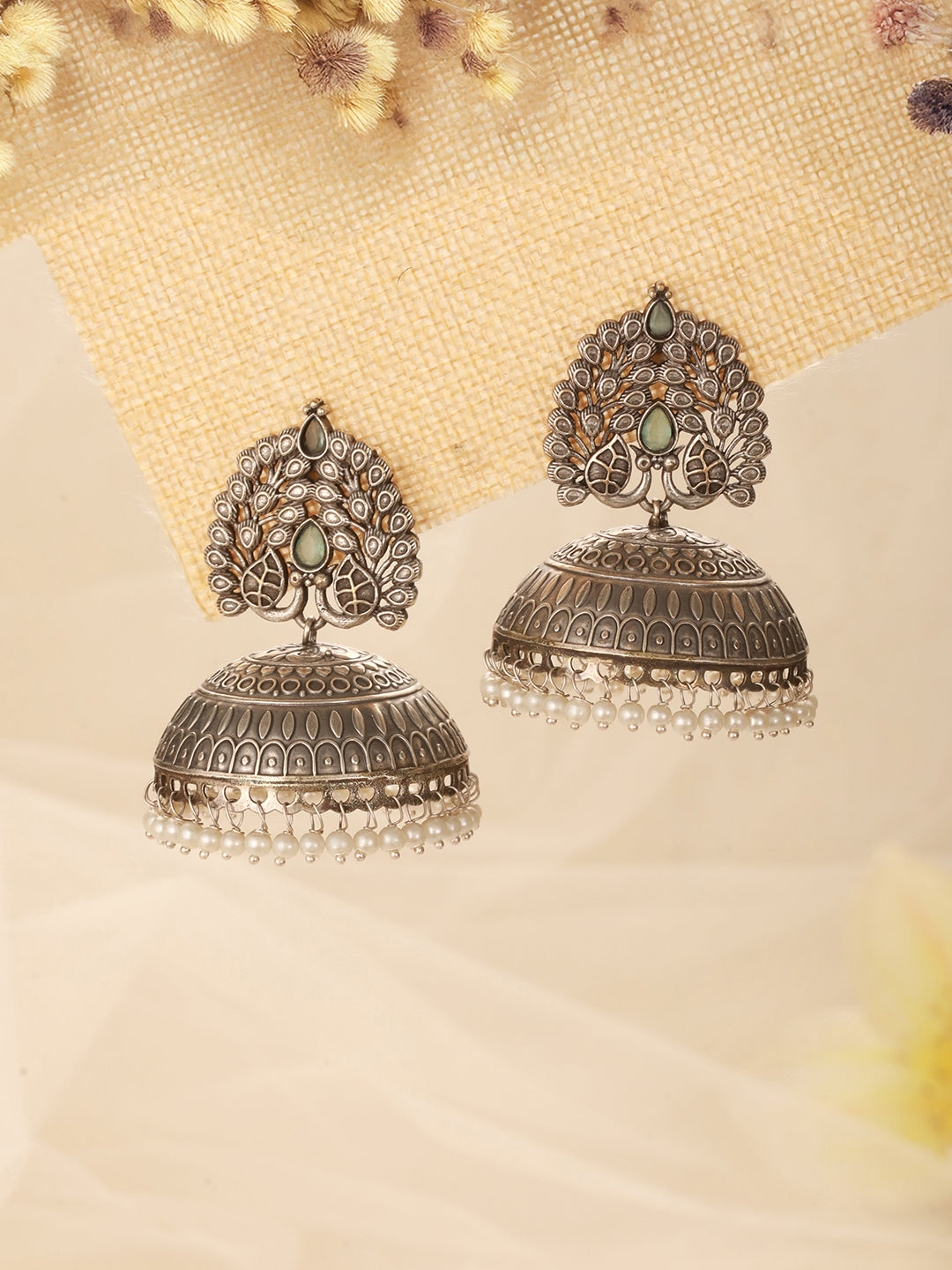 Silver Oxidised Pearl Beaded  Filigree Tribal Large Jhumka Earrings