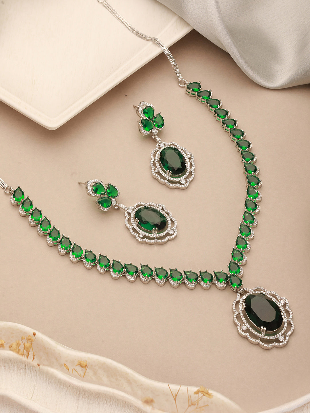 Silver Rhodium Plated Emerald Green Cubic Zirconia  Designer Bridal  Pendant Jewellery Set
