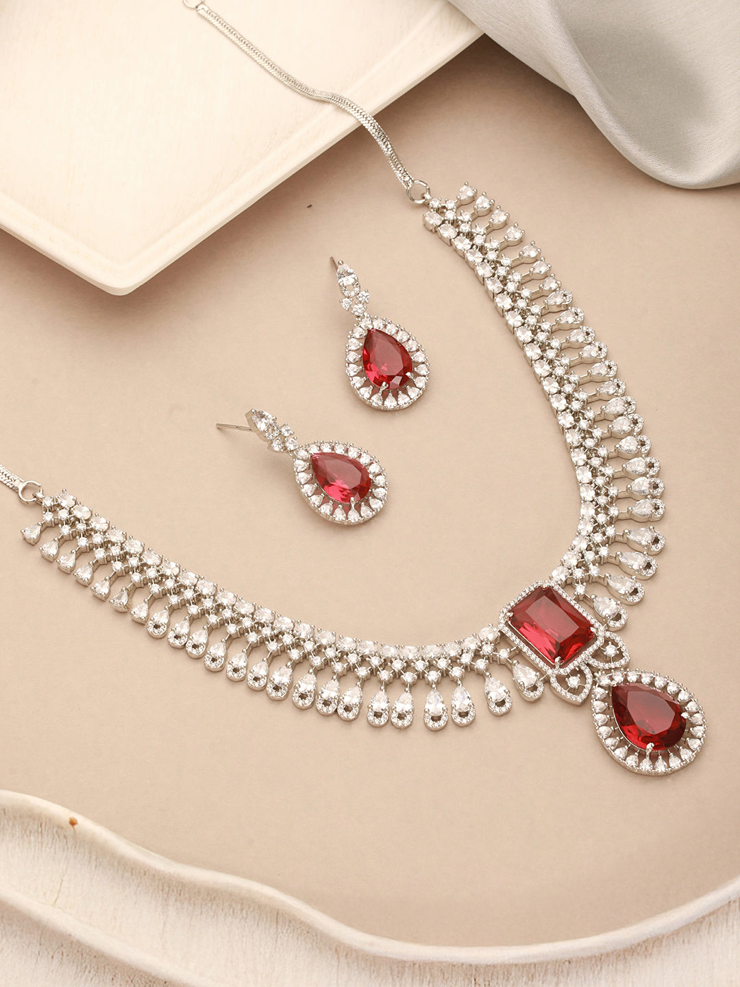 Silver Toned Rhodium Ruby Red AD Zircon Studded Designer Bridal Jewellery Set