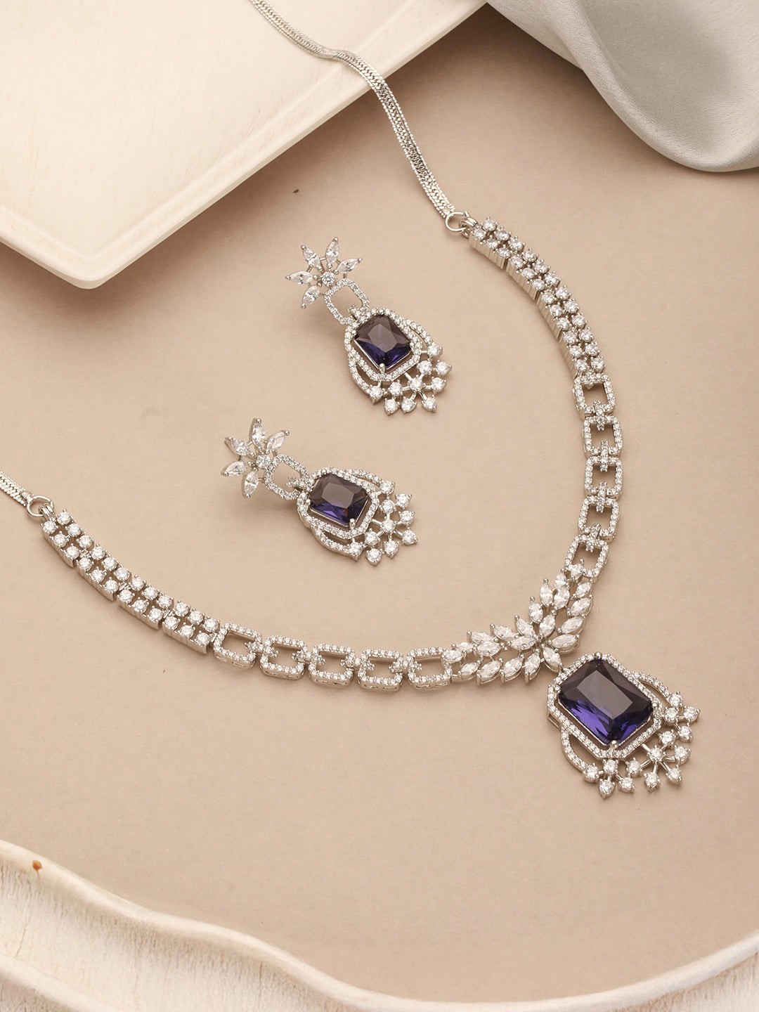 Silver Toned Purple Blue AD Zirconia Studded Floral Designer necklace Jewellery Set