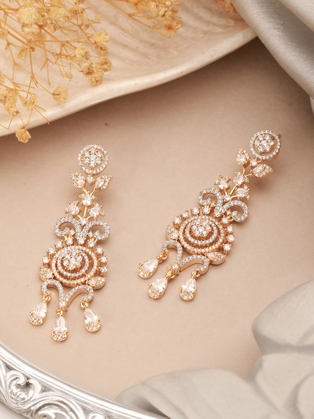 Gold Toned AD Zircon Studded Designer Chandelier Statement Earrings