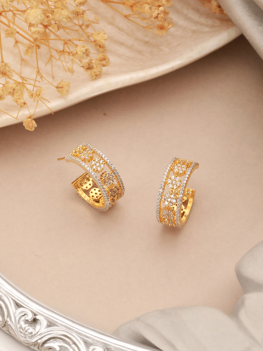 Gold Toned AD Zircon Studded C - Bali Hoop earrings
