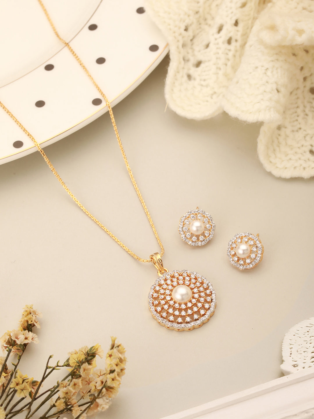 Gold Toned AD Zircon Studded Pearl Beaded Designer Pendant Chain Jewellery Set