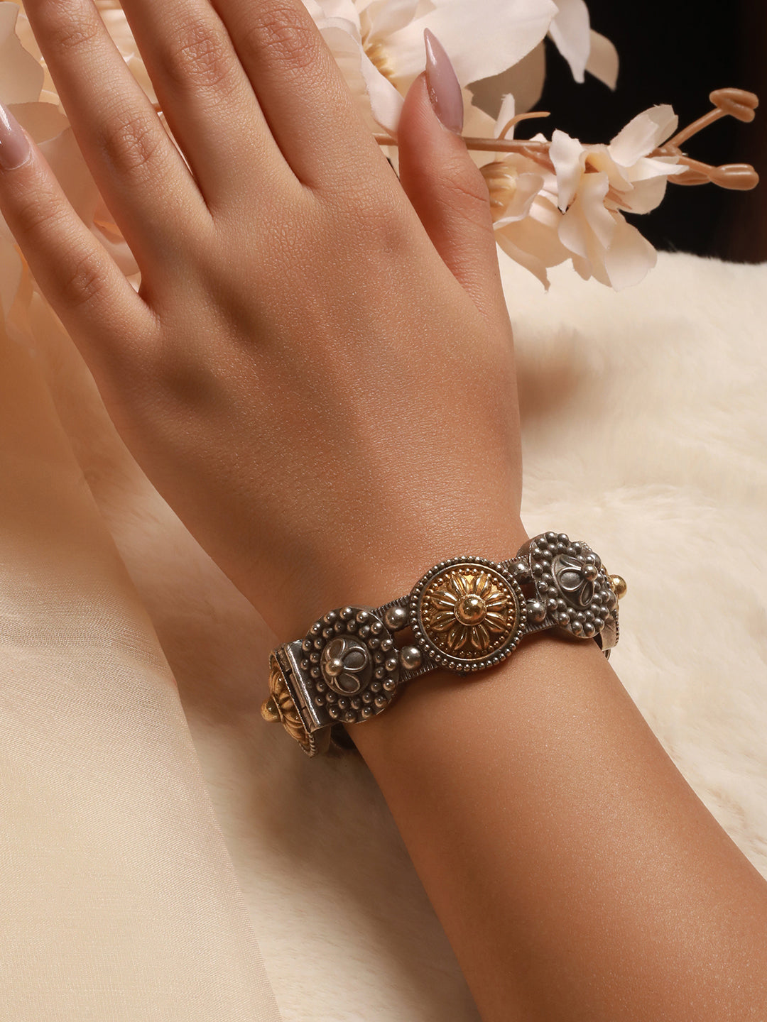 Silver Oxidised Dual Toned Boho Style Adjustable  Kada Bangle Bracelet