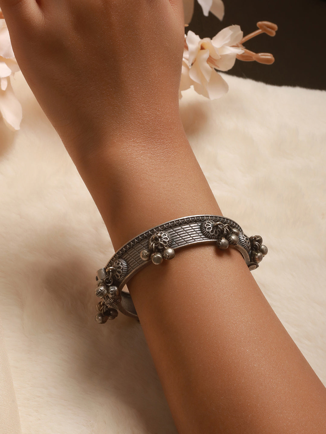 Silver Oxidised Tribal Boho Statement Ghungroo Kada Bangle Bracelet