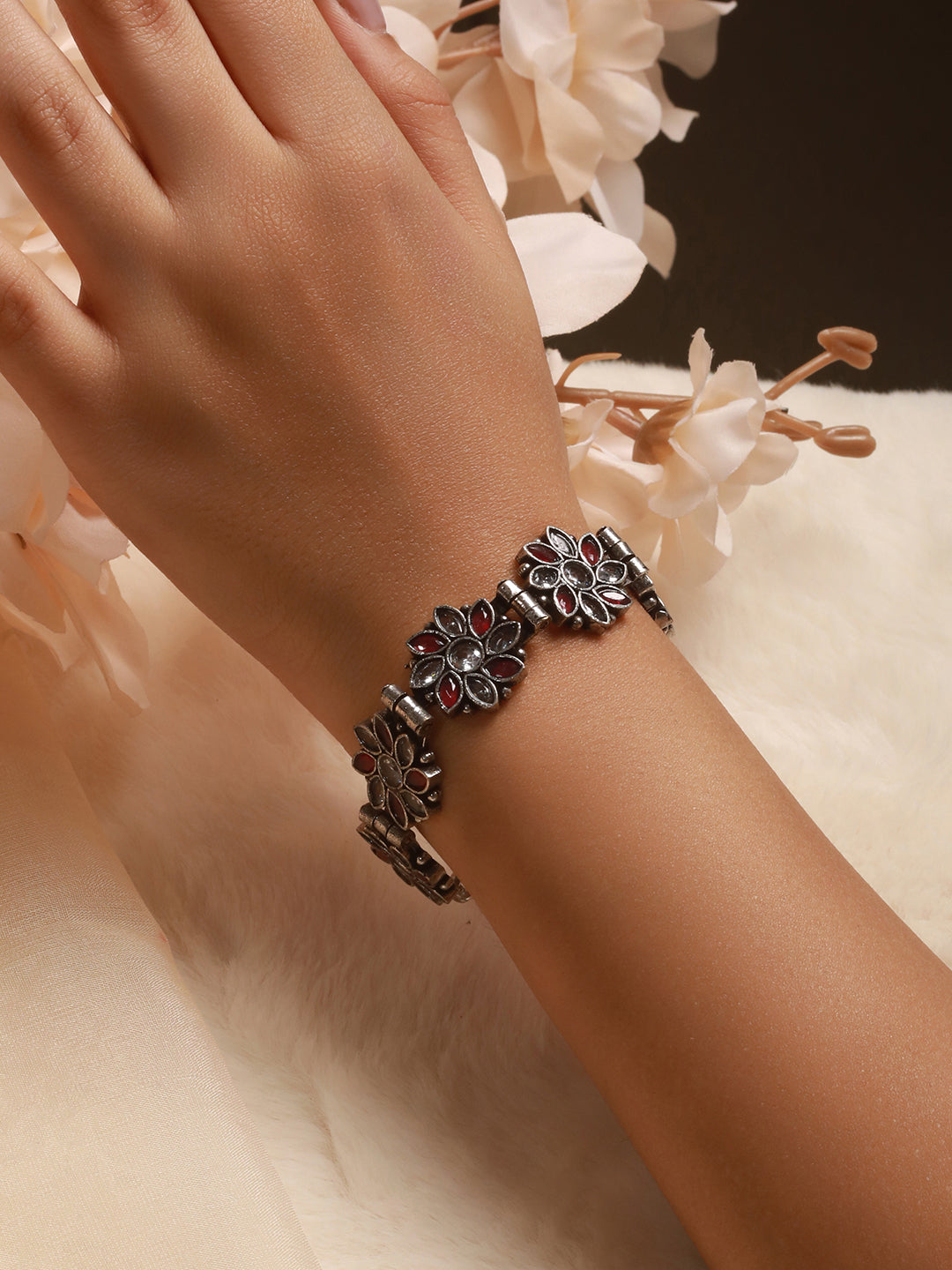 Silver Oxidised Toned Red Stone Studded Floral Tribal  Minimal  Adjustable Bracelet