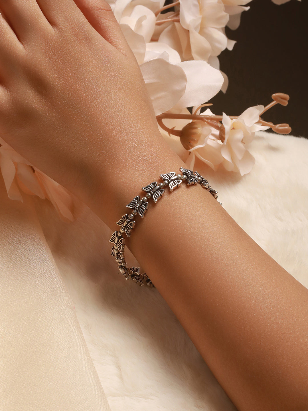 Silver Oxidised Toned Combo Floral & Butterfly Motif Minimal Dailywear Stackable Bracelet