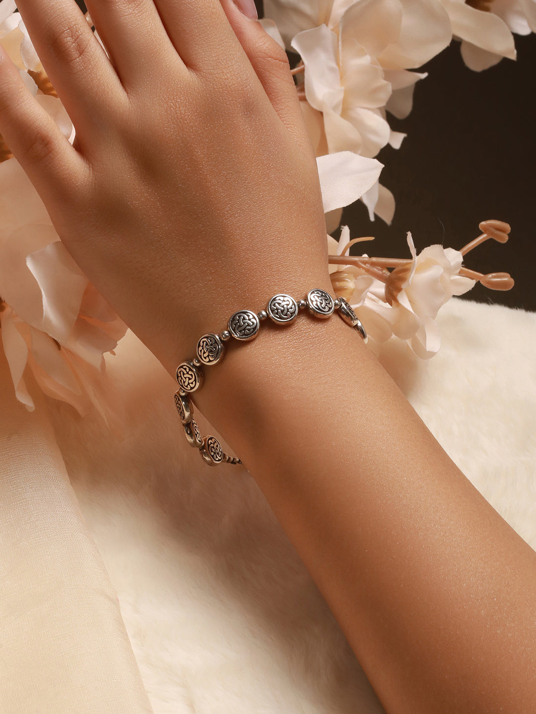 Silver Oxidised Toned Combo Floral & Butterfly Motif Minimal Dailywear Stackable Bracelet