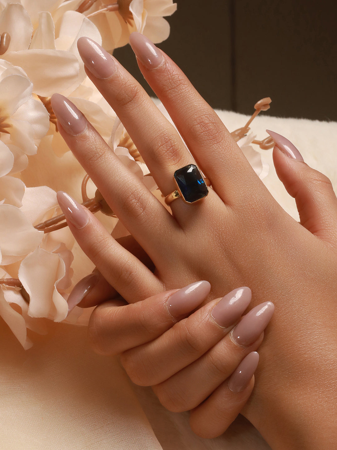 Gold plated Sapphire Blue Rectangular Minimal Adjustable Finger Ring