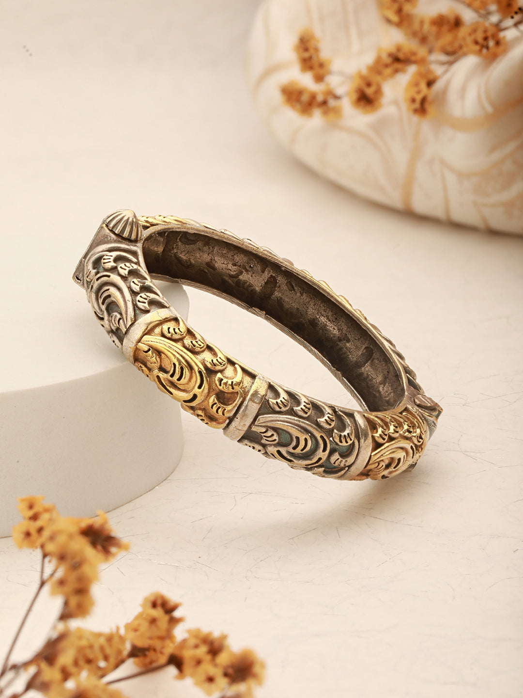 Silver Dual Toned Oxidised Filigree Minimal  Stacks Bangle Kada Bracelet