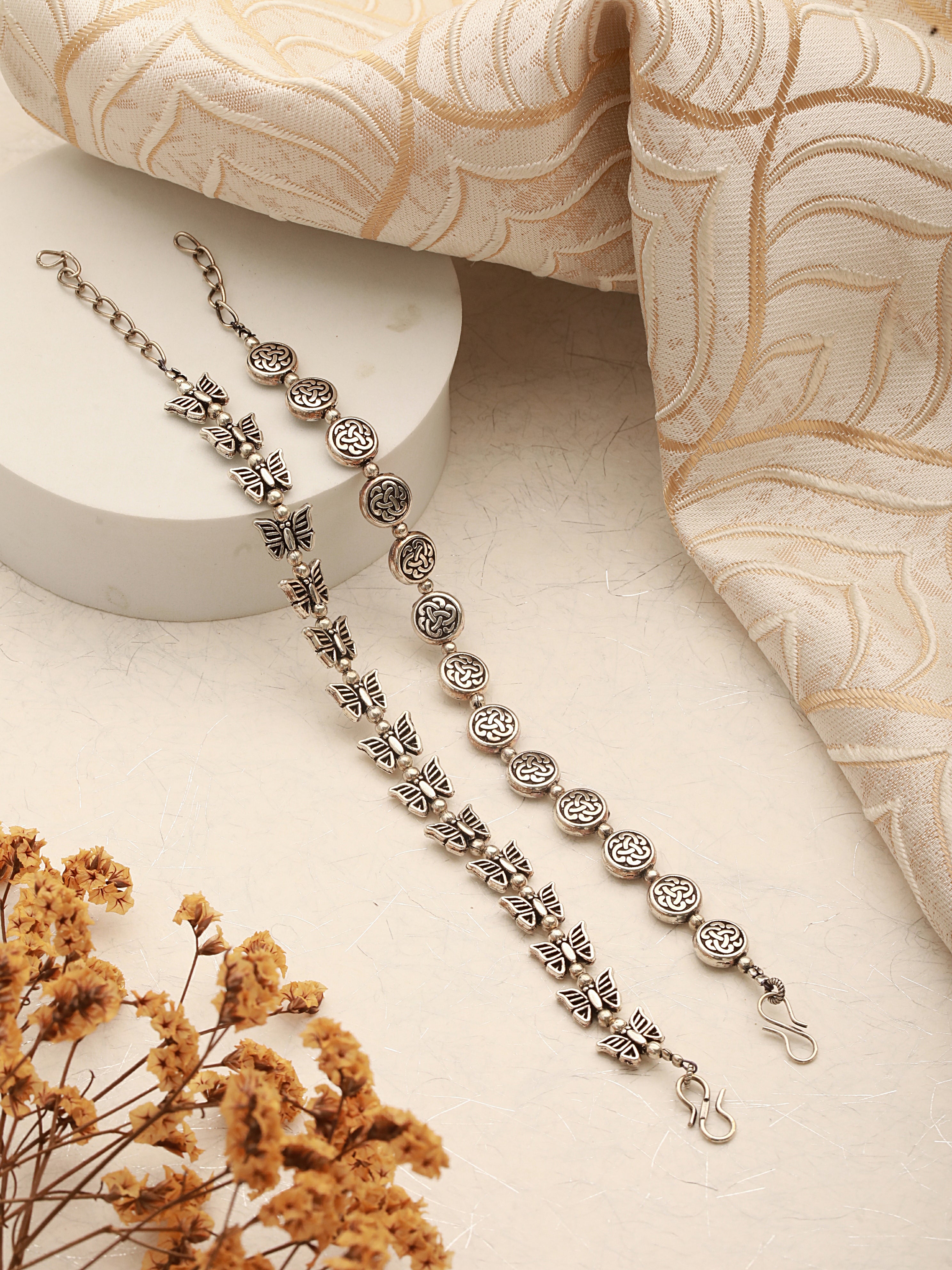 Silver Oxidised Toned Combo Floral & Butterfly Motif Minimal Dailywear Stackable Bracelet