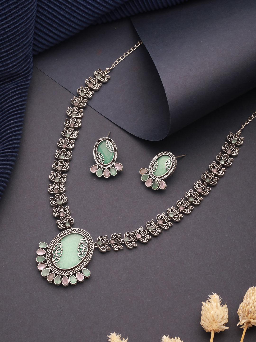 Silver Oxidised Mint Stone Studded Floral Designer Long Haram Necklace Jewellery Set