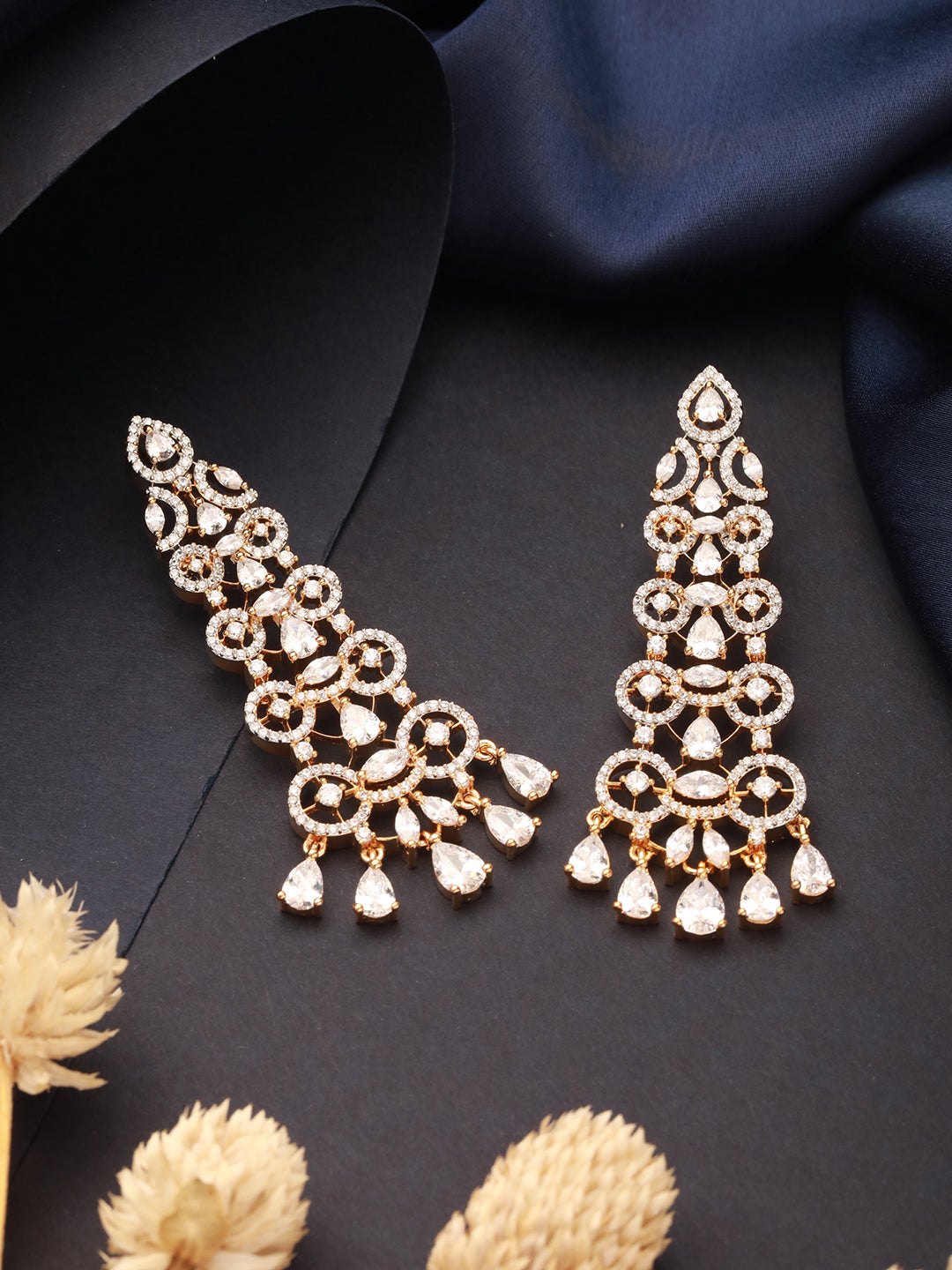 Gold Toned AD Zircon Studded Designer Dangler Partywear Earrings