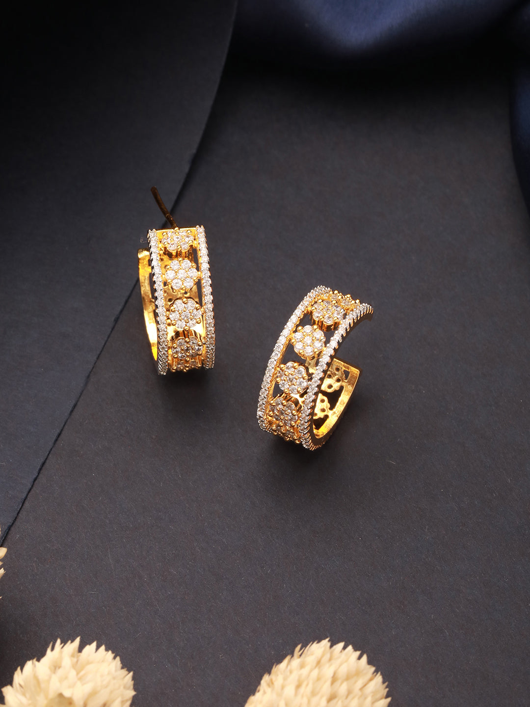 Gold Toned AD Zircon Studded C - Bali Hoop earrings