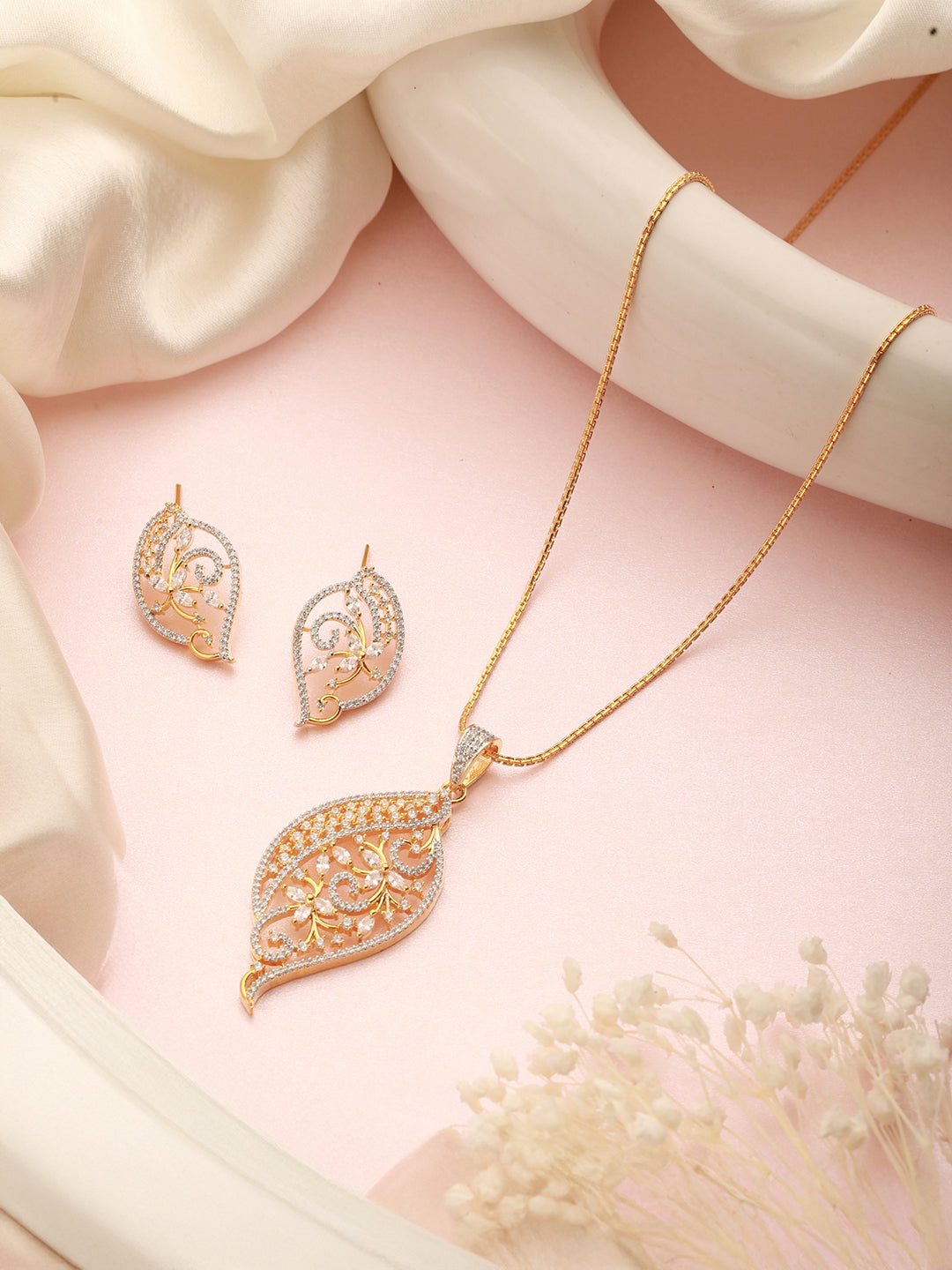 Gold Toned AD Zircon Studded Designer Floral Pendant Necklace Jewellery Set