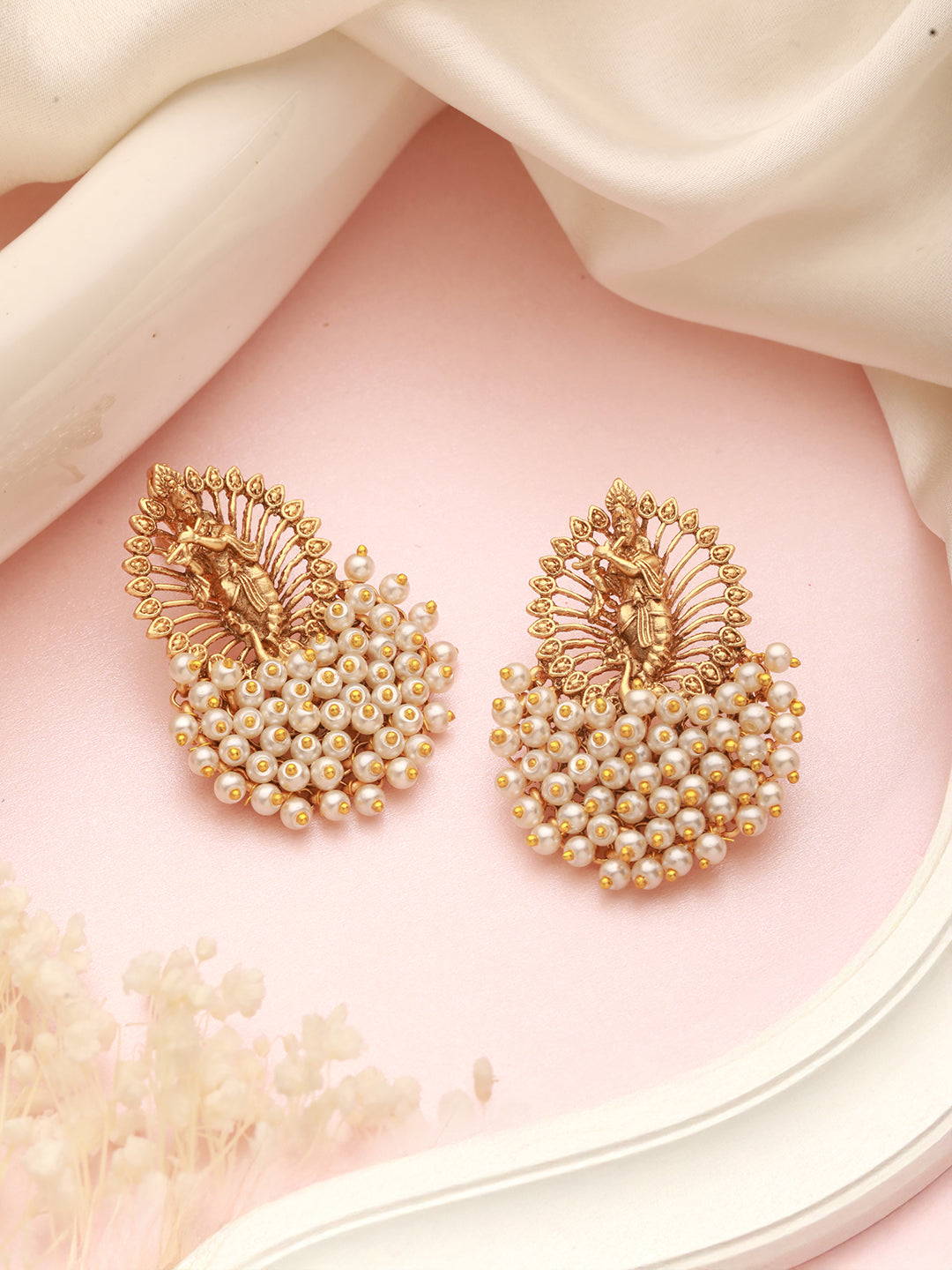 Gold Plated Perarls Beaded Shri krishna Designer large Studds earring