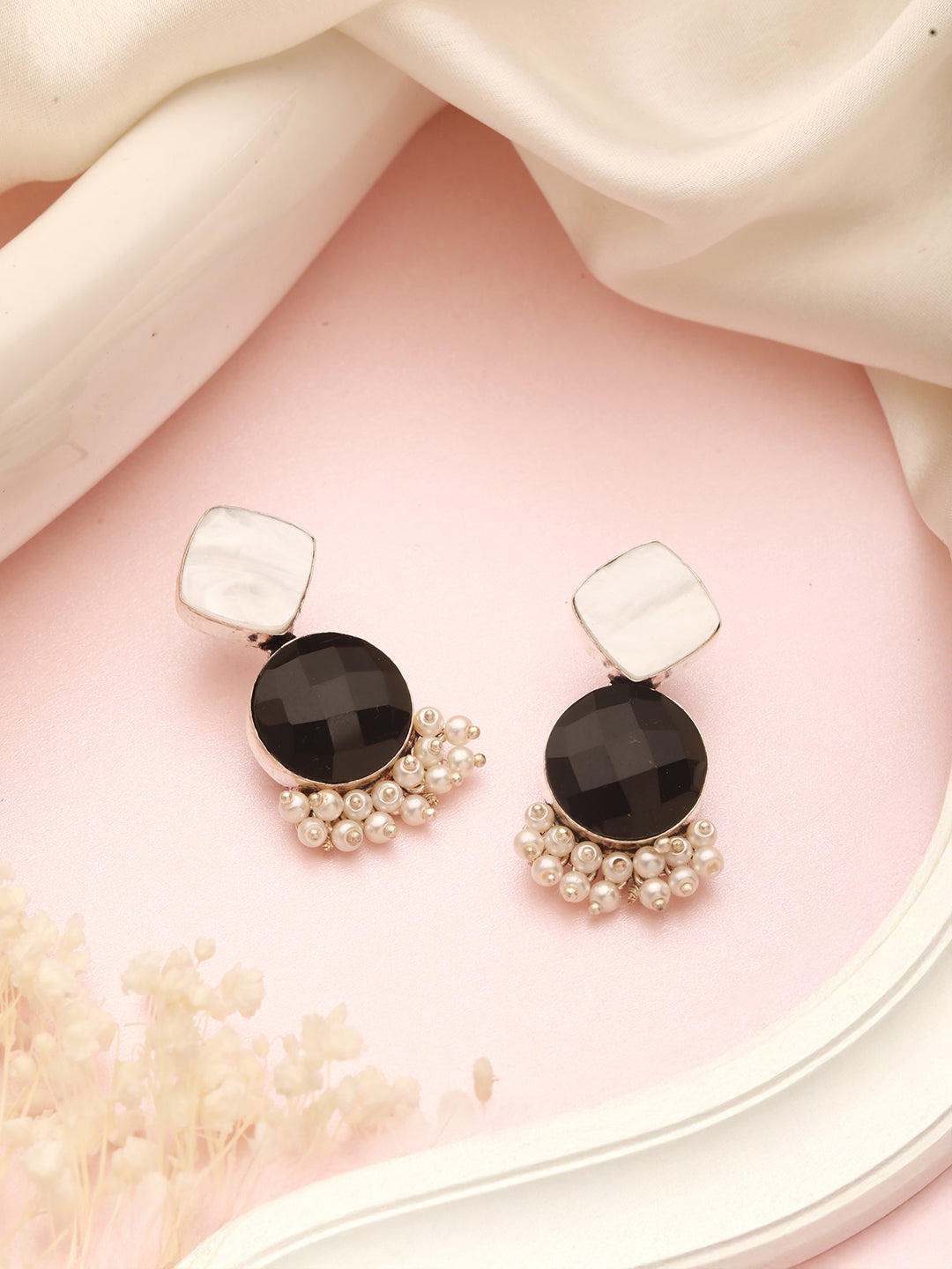 Silver Oxidised Black Stone Studded Pearl Beaded Minimal  Drop earrings