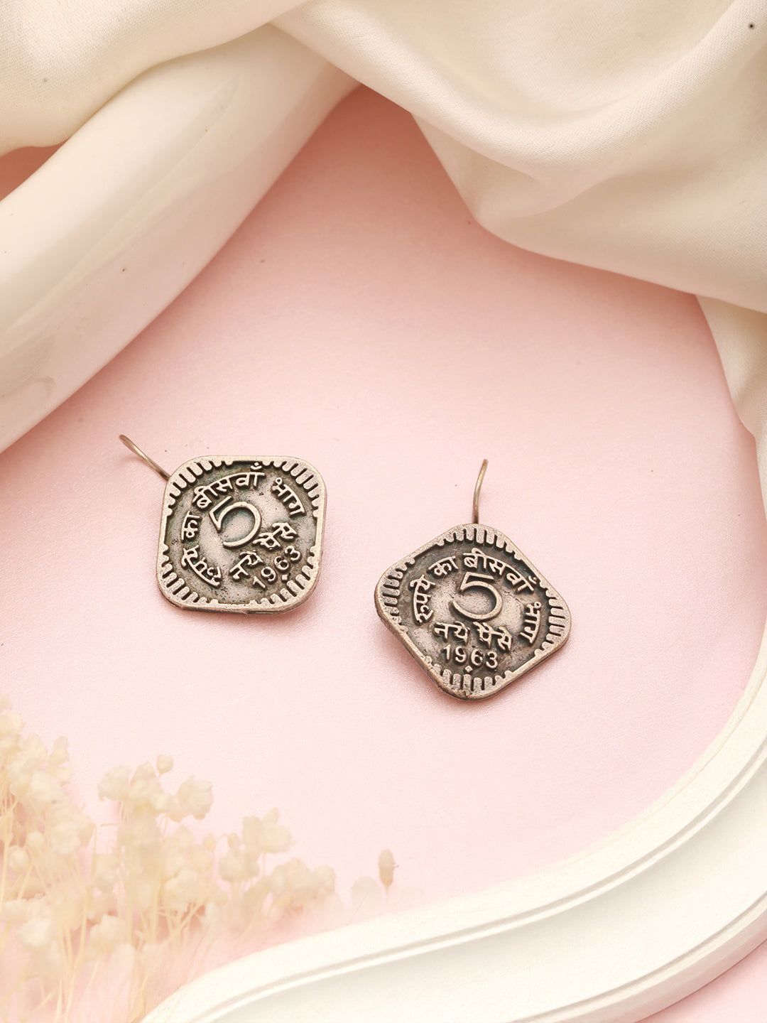 Oxidised Silver Lookalike 5 Paise Stamp Minimal Fishhook Earrings