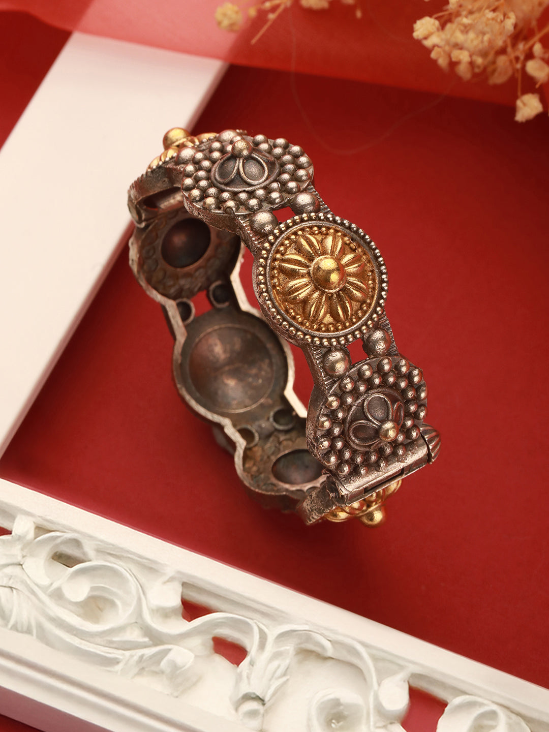 Silver Oxidised Dual Toned Boho Style Adjustable  Kada Bangle Bracelet