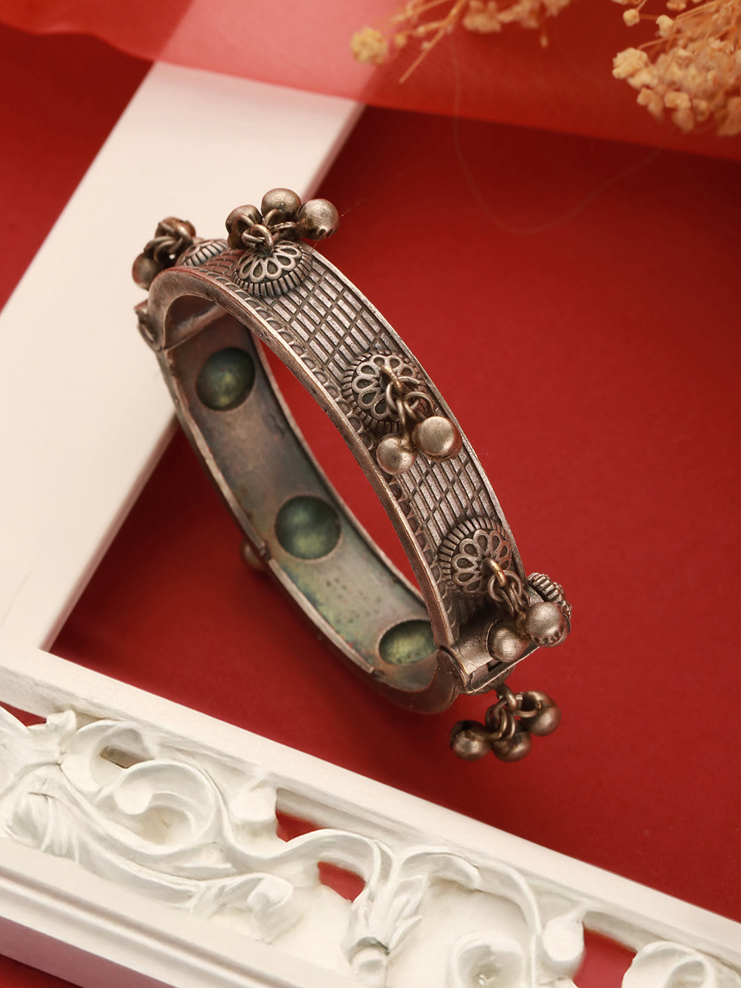 Silver Oxidised Tribal Boho Statement Ghungroo Kada Bangle Bracelet