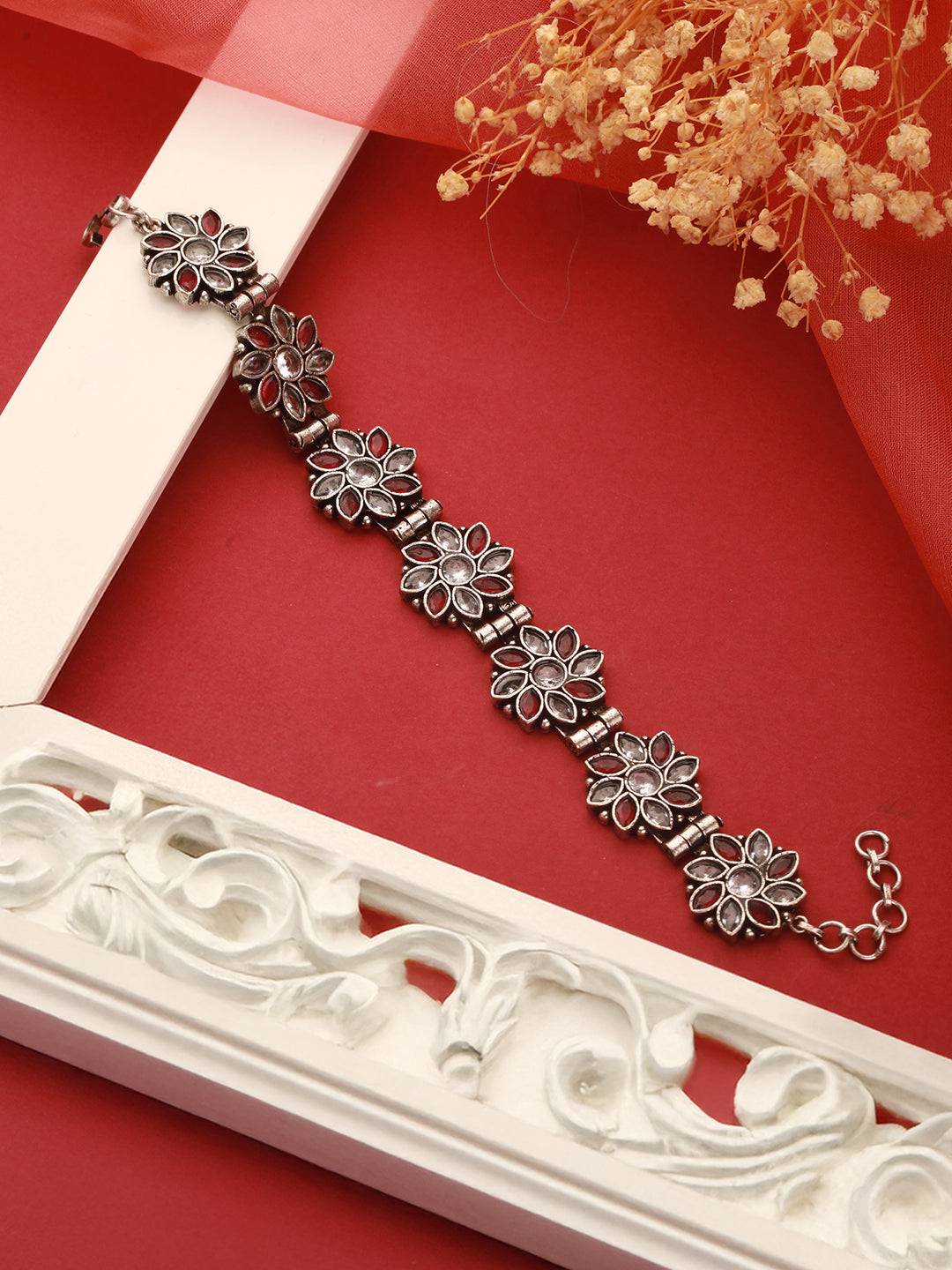 Silver Oxidised Toned Red Stone Studded Floral Tribal  Minimal  Adjustable Bracelet
