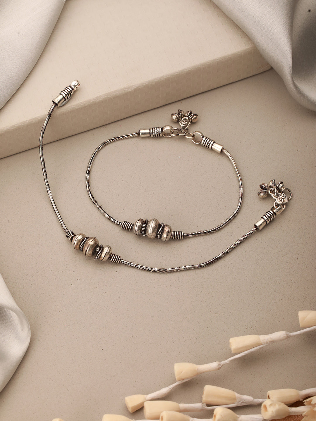 Set of 2 Silver Oxidised Balls  Minimal Dailywear Anklet Payal