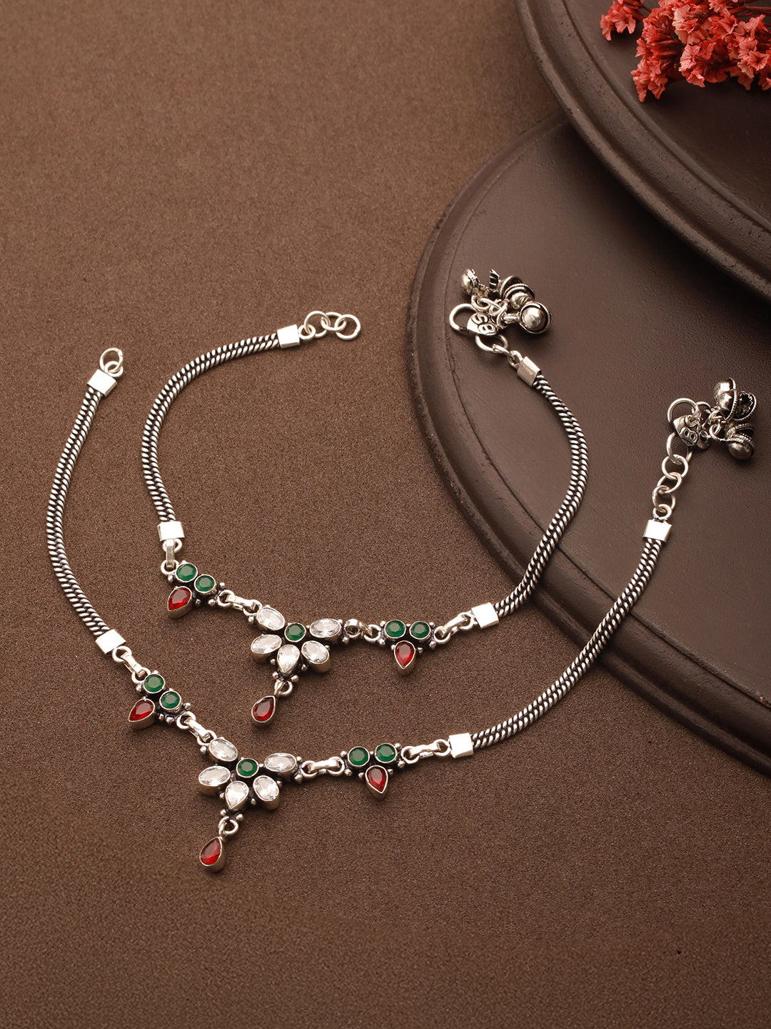Oxidised Silver lookalike Red Stone Studded Bridal Floral Anklet Payal