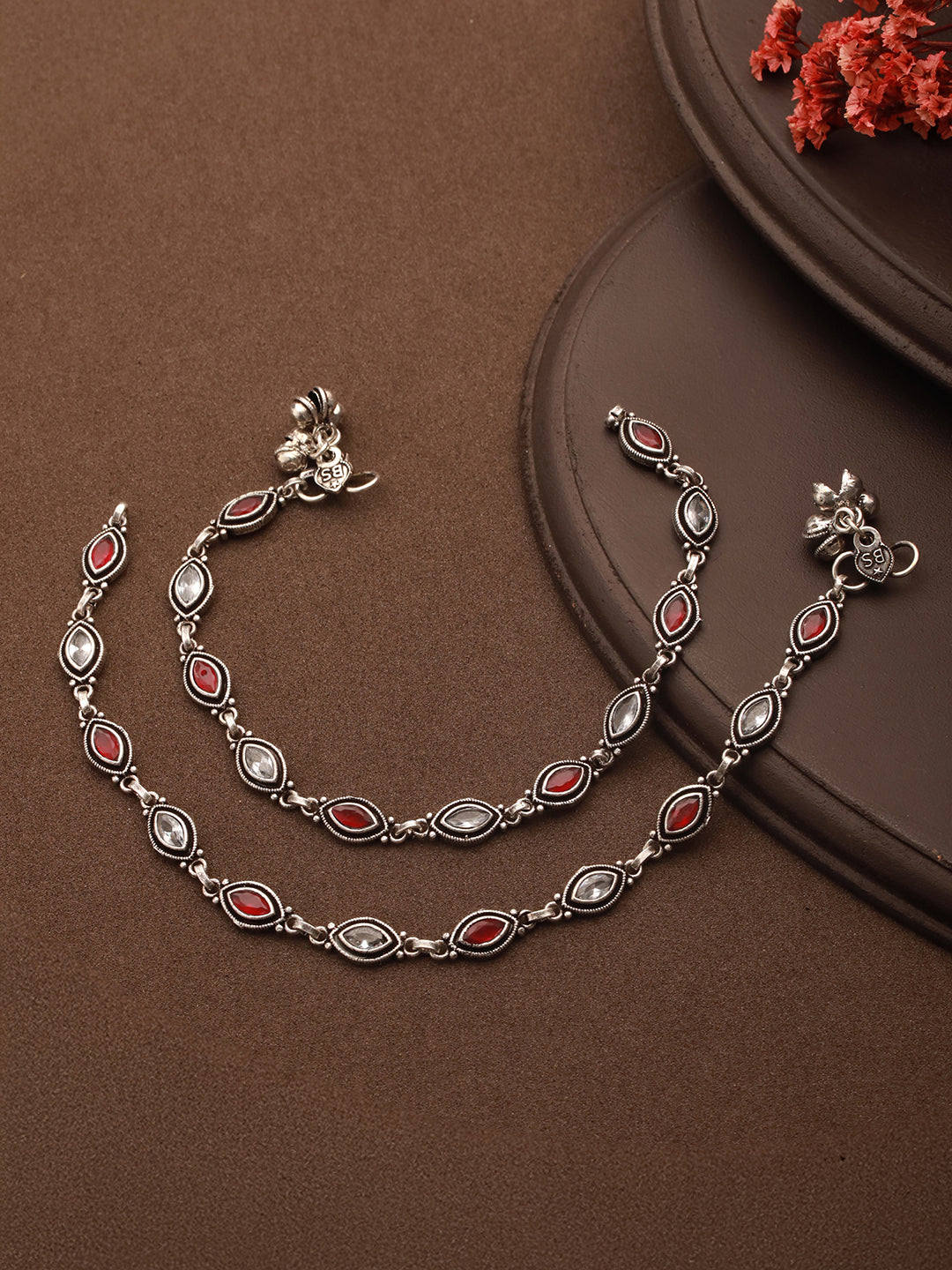 Set of 2 Silver Oxidised Red Ruby Studded Minimal Dailywear Anklet Payal