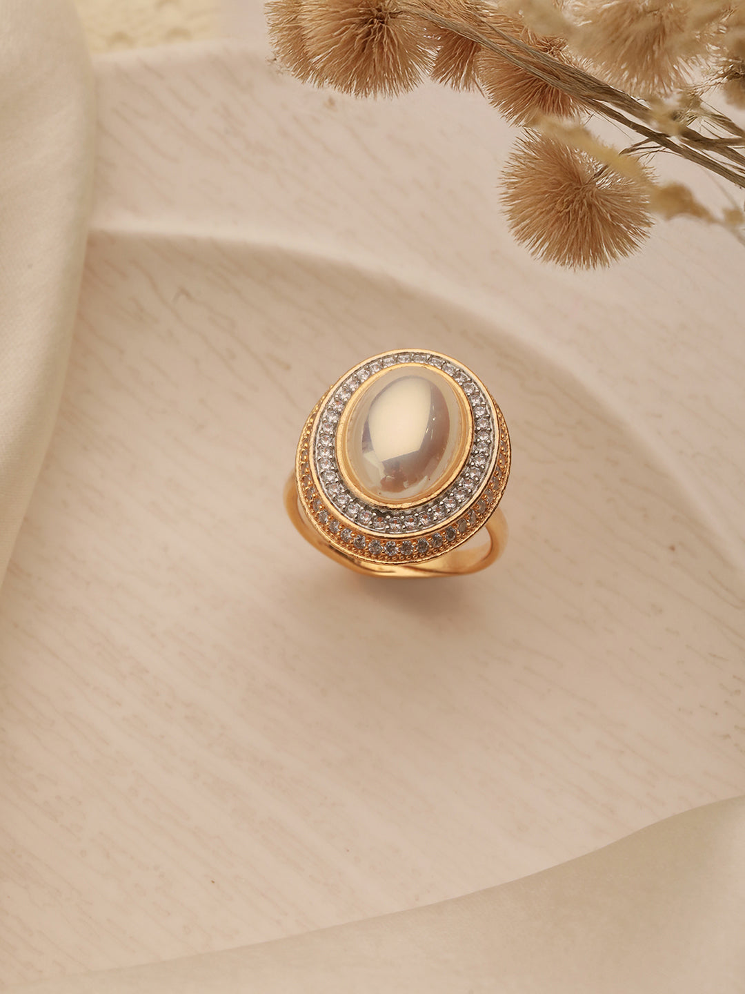 Gold Toned Off White Pearl Studded Engagement Designer Oval Adjustable Finger Rings
