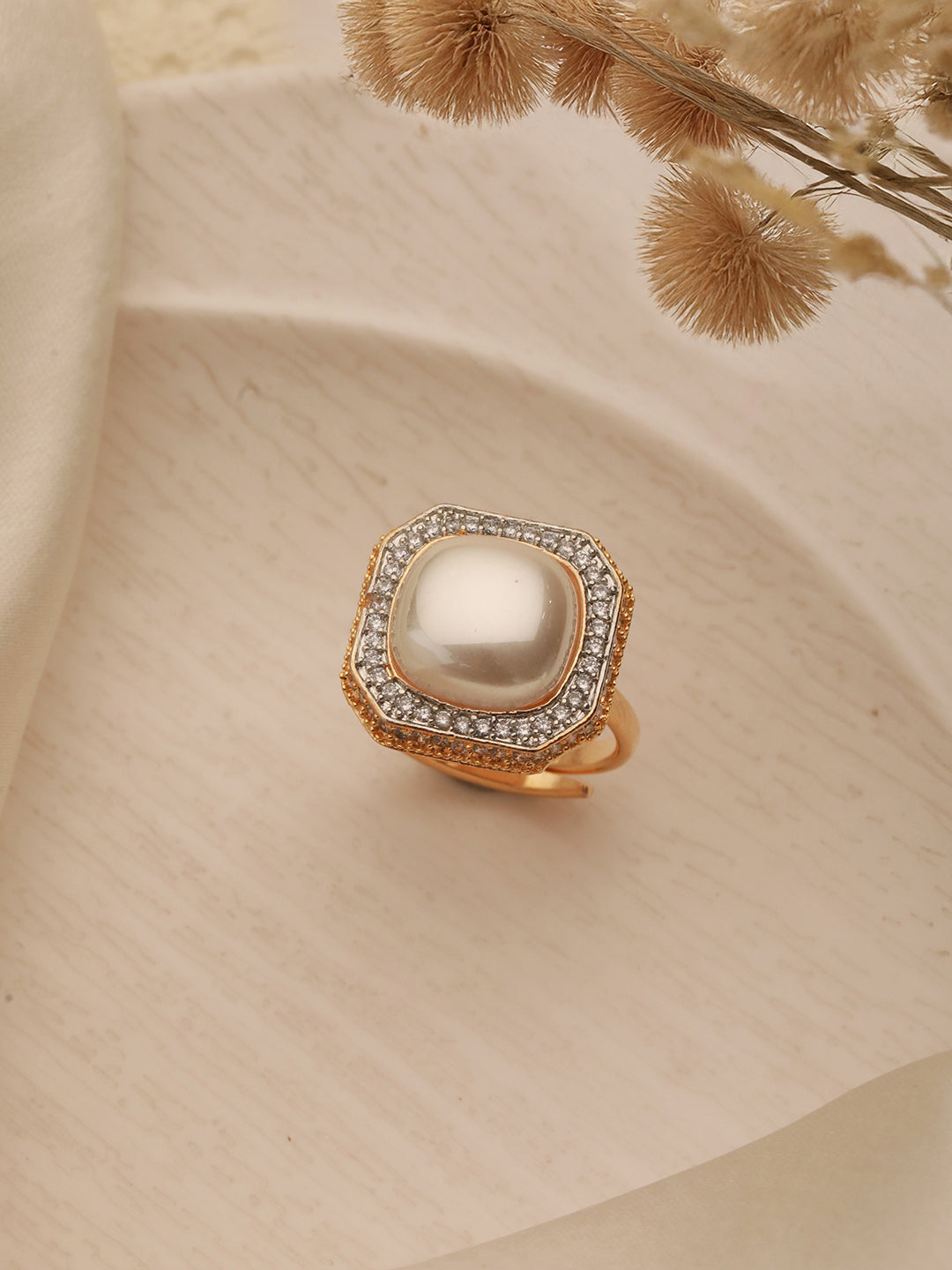 Gold Toned Off White Pearl Studded Engagement Luxe  Square Adjustable Finger Rings